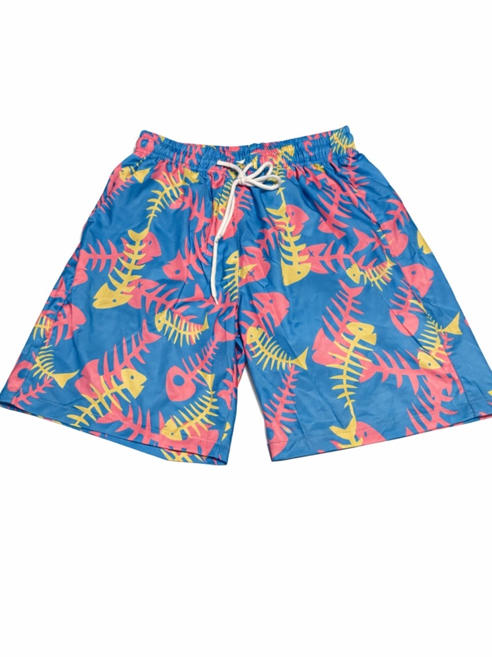 Men’s Fish Print Swim Trunks Size M Blue Pink Yellow Tropical Beach Shorts 7.5”